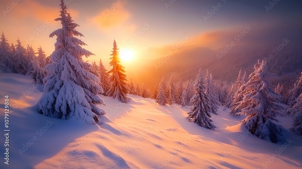 Majestic sunrise in the winter mountains landscape, A snowy forest with a pink sky in the background Majestic sunrise in the winter mountains landscape, A snowy forest with a pink sky in the background