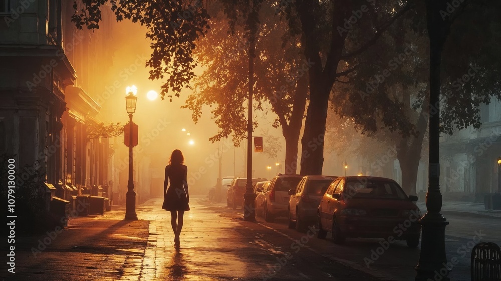 Silhouette of woman in dress walking alone on misty street at sunset, with golden light filtering through trees and illuminating wet pavement alongside parked cars Silhouette of woman in dress walking alone on misty street at sunset, with golden light filtering through trees and illuminating wet pavement alongside parked cars