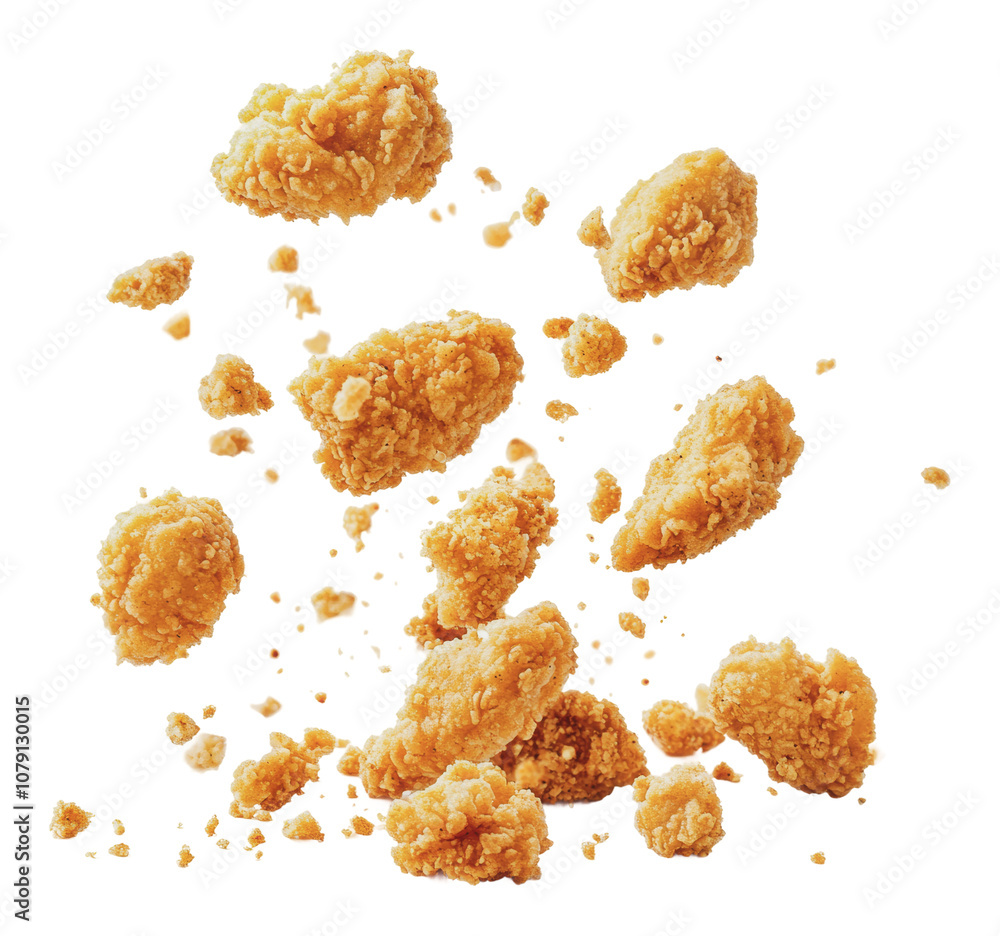 PNG Crispy fried chicken pieces floating in the air PNG Crispy fried chicken pieces floating in the air