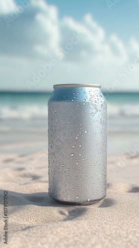 Mockup of Aluminum Beverage Can on Coastal Sand with Gentle Waves for Natural and Relaxing Product Branding Design Presentation