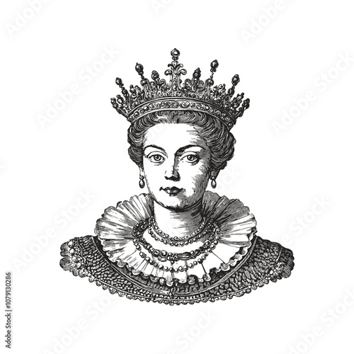Portrait of a historical queen in vintage engraving style, portrait of a woman in a crown sketch engraved vector illustration, medieval monarch with crown