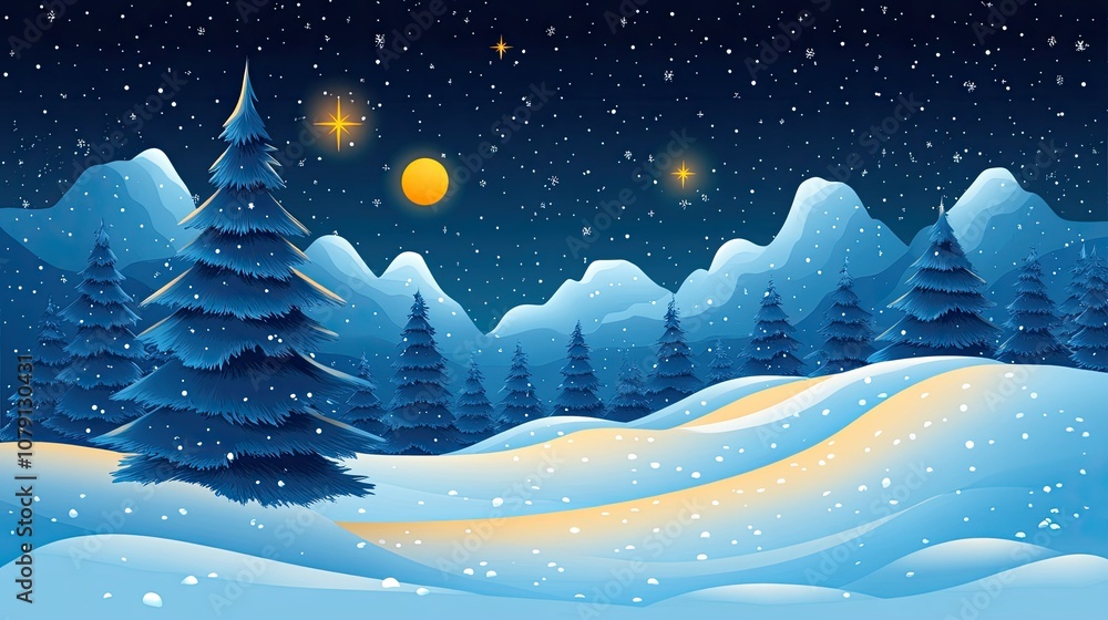 Serene winter landscape with snow-covered mountains and starry sky Serene winter landscape with snow-covered mountains and starry sky