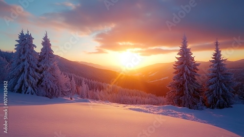 Fototapeta Naklejka Na Ścianę i Meble -  Snow-covered hills and pine trees under a vibrant sunset., serene snow covered landscape dusk soft twilight sky gentle silhouettes trees distance, evening, cold, quiet, tranquil, horizon, shadows, icy