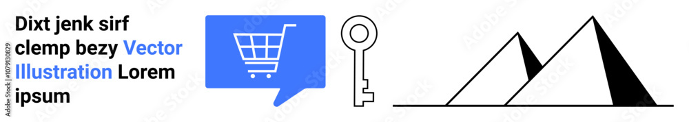 Shopping cart in blue chat bubble, silver key, black pyramids. Ideal for e-commerce, security, travel, communication, ancient history, digital marketing, and web development. Landing page Shopping cart in blue chat bubble, silver key, black pyramids. Ideal for e-commerce, security, travel, communication, ancient history, digital marketing, and web development. Landing page