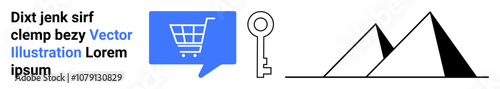 Shopping cart in blue chat bubble, silver key, black pyramids. Ideal for e-commerce, security, travel, communication, ancient history, digital marketing, and web development. Landing page