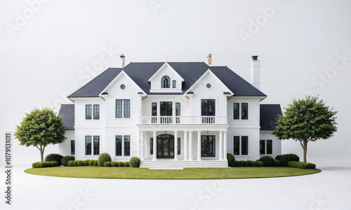 A white, two-story house with a black roof stands on a grassy lawn