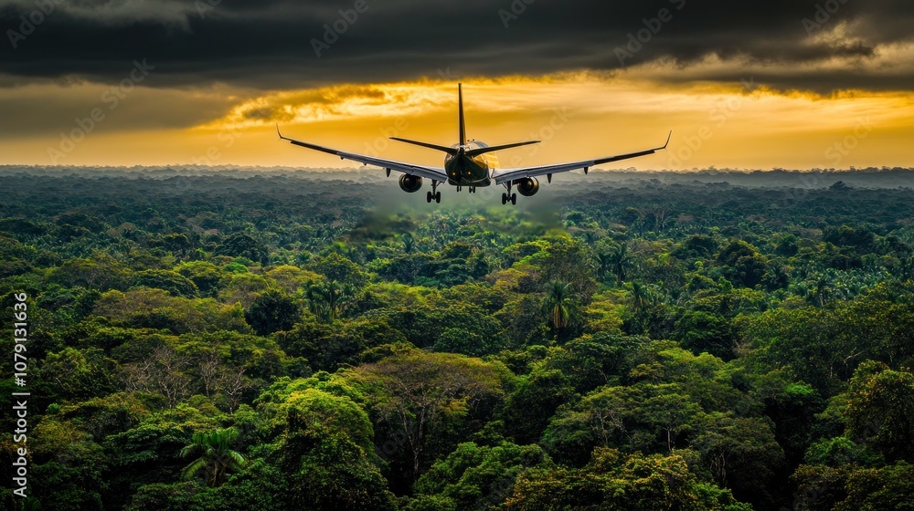 Fototapeta premium Airplane approaching landing over lush forest.