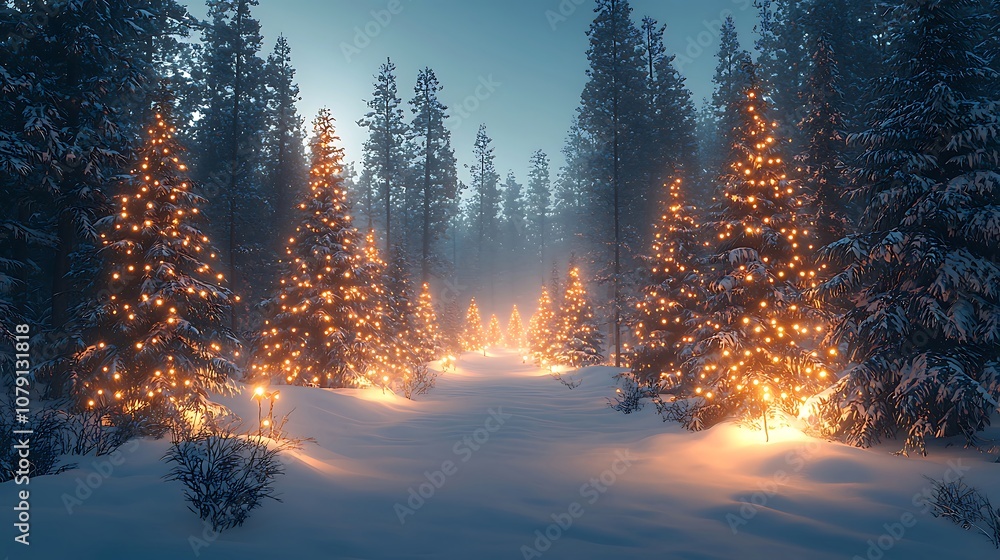 A snowy forest path lined with Christmas trees illuminated by warm string lights. A snowy forest path lined with Christmas trees illuminated by warm string lights.