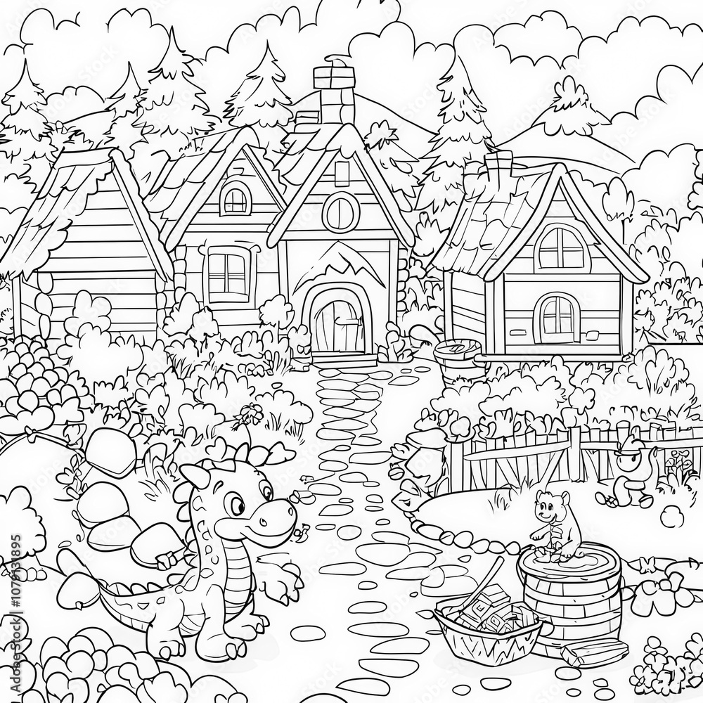 Obraz premium A friendly dragon helping villagers, coloring page for kids, simple outline illustration. Coloring book, simple lines.