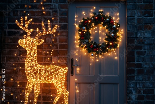 Reindeer golden lights - festive outdoor display featuring popular Christmas decor like illuminated deer, a wreath on the door, and string lights, minimal background with copy space  photo