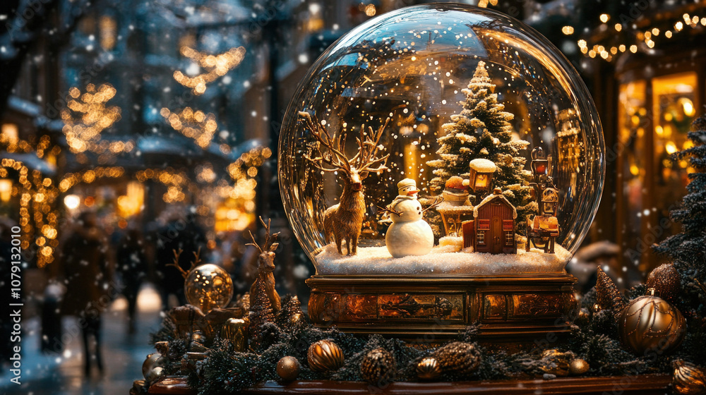Fototapeta premium A Glass Snow Globe Depicting Whimsical Characters Like Snowmen And Reindeer Inside, Surrounded By A Gentle Snowfall Effect
