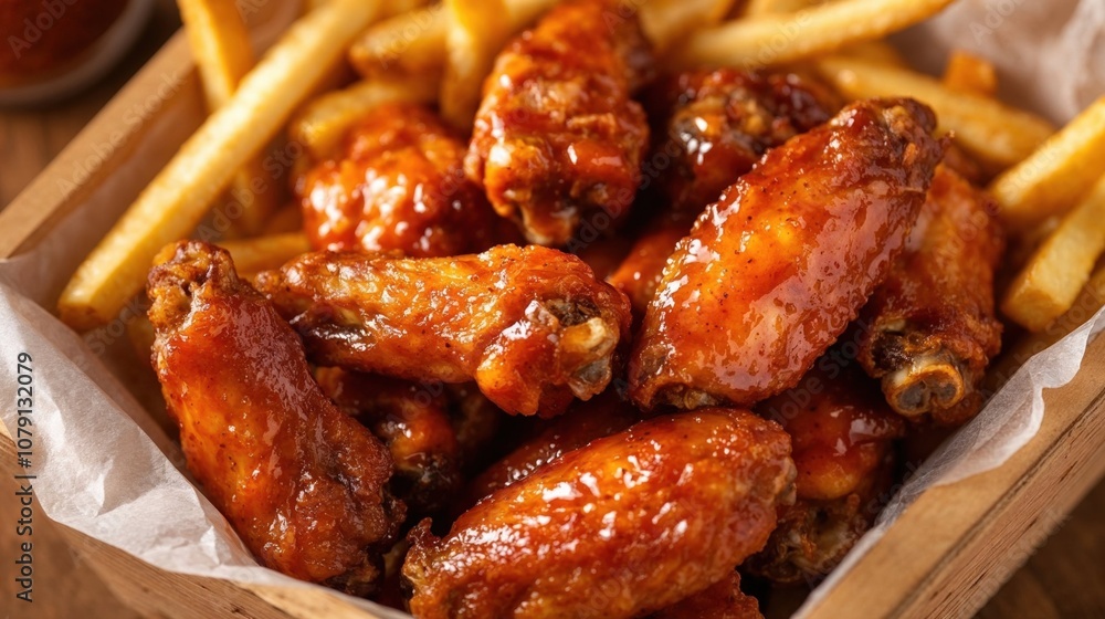 A basket of crispy, saucy buffalo chicken wings served with golden fries, arranged appetizingly on parchment paper A basket of crispy, saucy buffalo chicken wings served with golden fries, arranged appetizingly on parchment paper