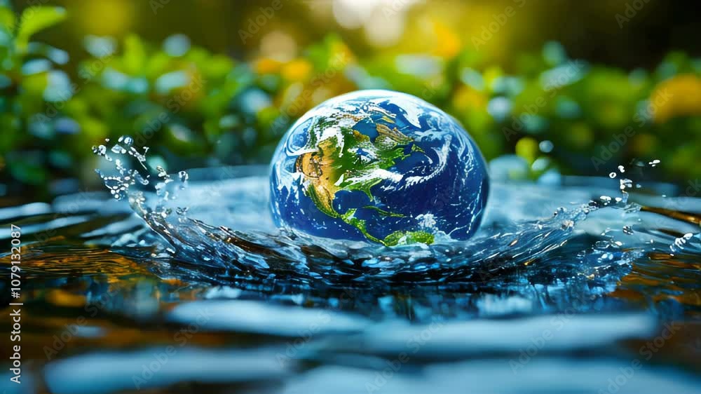 Earth splashing into water with droplets around, representing environmental awareness, sustainability, and water conservation in a vibrant, natural setting Earth splashing into water with droplets around, representing environmental awareness, sustainability, and water conservation in a vibrant, natural setting