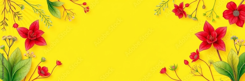 Obraz premium A vibrant frame created with yellow and red plants against a yellow background, with ample copy space in the center, plants, foliage