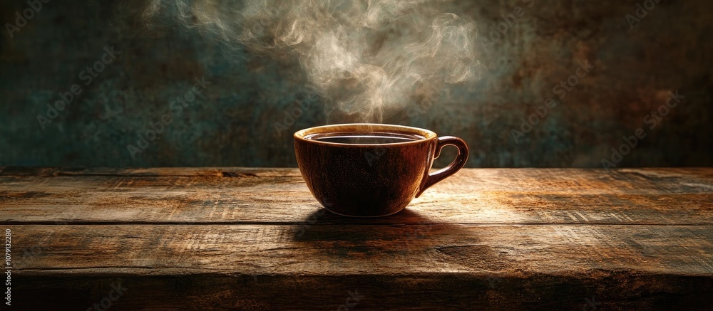 Close up of a steaming cup of black coffee on a rustic wooden tabletop inviting indoor setting Close up of a steaming cup of black coffee on a rustic wooden tabletop inviting indoor setting
