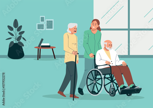 Care for the elderly. Smiling nurse communicates, helps and takes care of the health of elderly men and women in a nursing home or hospital. Vector illustration