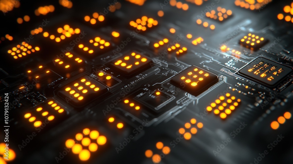 Close-up of a lit-up circuit board with a central processor. Close-up of a lit-up circuit board with a central processor.