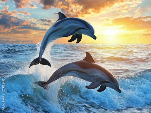 Playful dolphins jumping over ocean waves during sunset