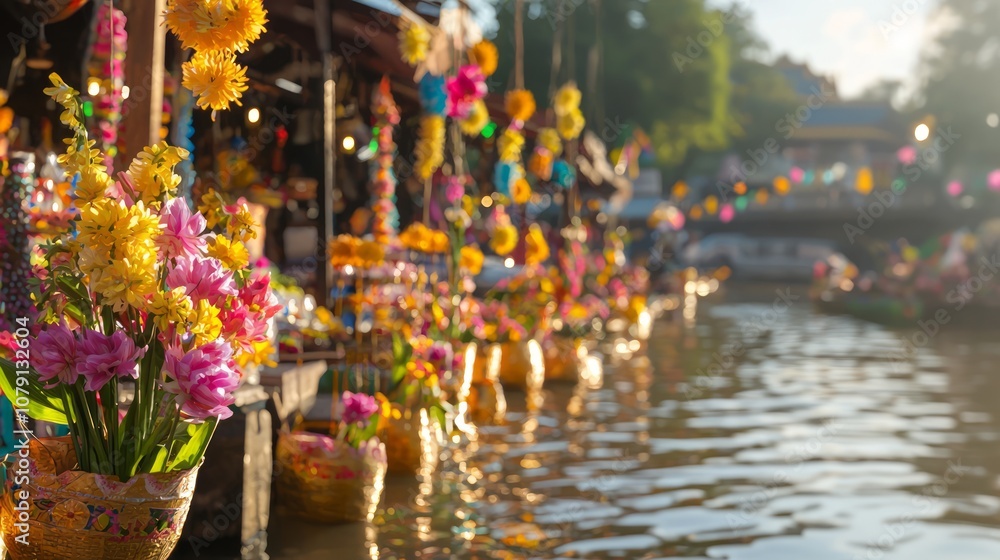 Vibrant Loy Krathong Decorations at Riverside Market - Festive Atmosphere with Handmade Krathongs, Colorful Flowers, and Festive Lights Vibrant Loy Krathong Decorations at Riverside Market - Festive Atmosphere with Handmade Krathongs, Colorful Flowers, and Festive Lights