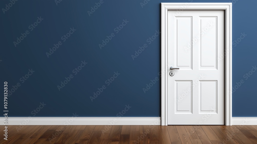 Fototapeta premium White door with a silver handle sits in front of a blue wall. The door is open, revealing a bare room with wooden floors. The blue wall and wooden floors create a simple and minimalistic atmosphere