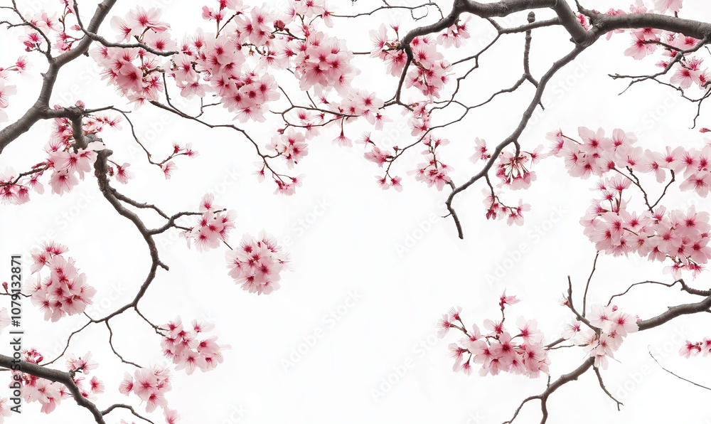White background with pink flowers on a branch. The flowers are in full bloom and are very pretty White background with pink flowers on a branch. The flowers are in full bloom and are very pretty