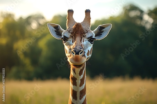 Giraffe Portrait with Curious Eyes and Brown Spots on Neck photo