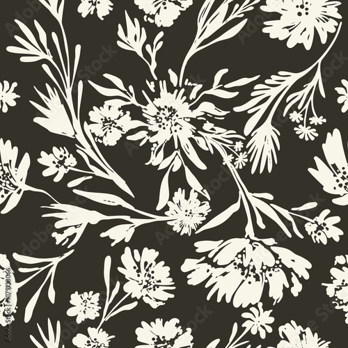 Seamless contrasting ink floral laconic black and white handmade ink pattern for fabric design, decor, ceramics, cards, flowers on black dark background