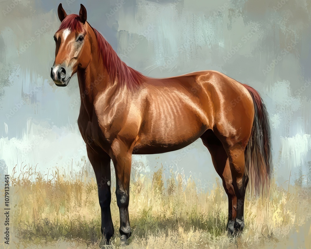 Portrait a bay horse standing tall in summer grass Portrait a bay horse standing tall in summer grass