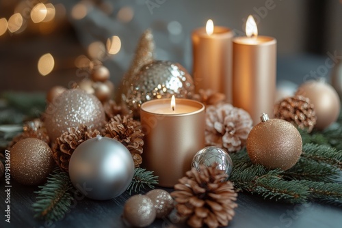 holiday mantelpiece adorned with opulent decorations, including crystal candlesticks, gilded ornaments, and lush greenery, luxe metallic maximalist style photo