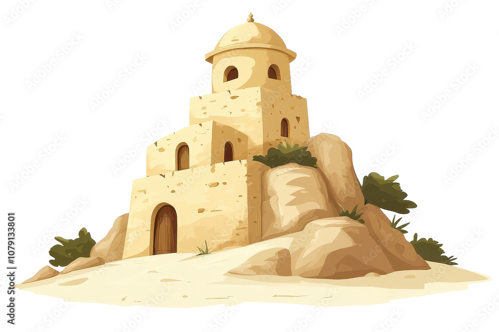 Ancient tower set in a sandy landscape under a clear sky Ancient tower set in a sandy landscape under a clear sky