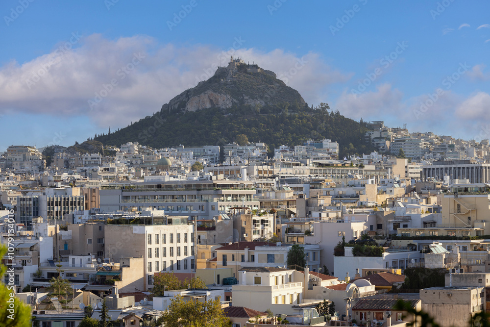 Aerial view from Anafiotika of city and limestone Mount Lycabettus, Athens, Greece Aerial view from Anafiotika of city and limestone Mount Lycabettus, Athens, Greece