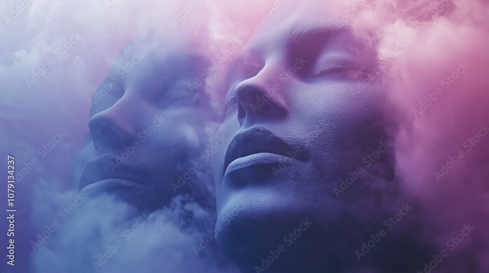 Two faces are reflected in a cloud of smoke. Scene is mysterious and surreal Two faces are reflected in a cloud of smoke. Scene is mysterious and surreal