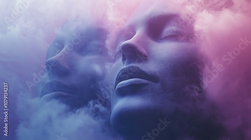 Two faces are reflected in a cloud of smoke. Scene is mysterious and surreal