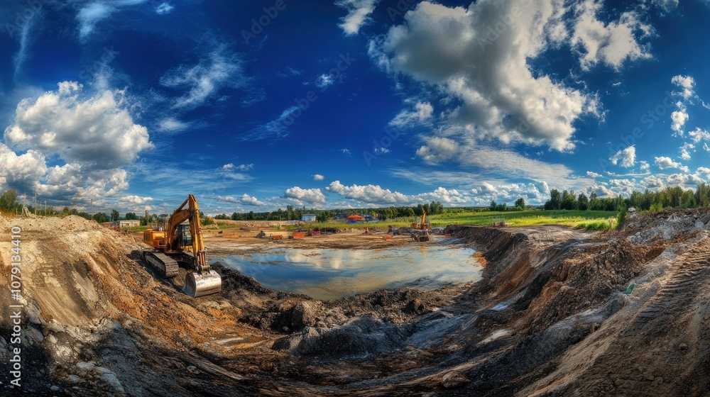 Construction site with machinery and water body. Construction site with machinery and water body.