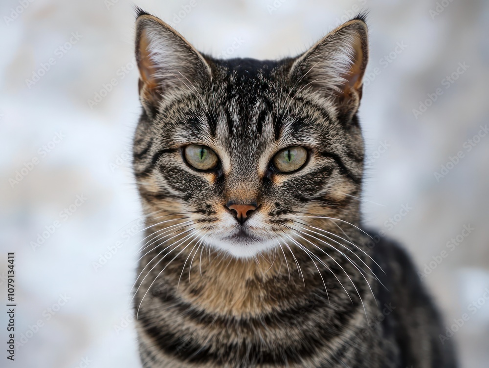 Portrait a striped gray cat looking directly at the camera Portrait a striped gray cat looking directly at the camera