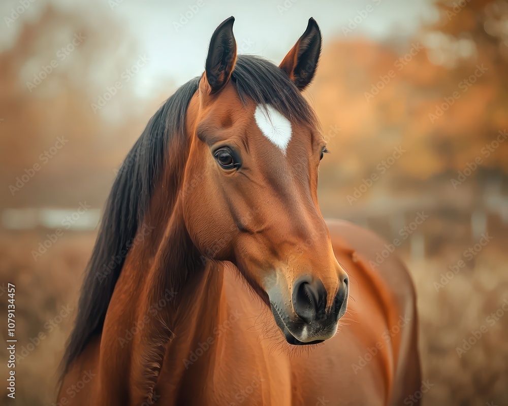 Fototapeta premium Portrait a stunning mare with a white spot on her forehead in an autumn landscape