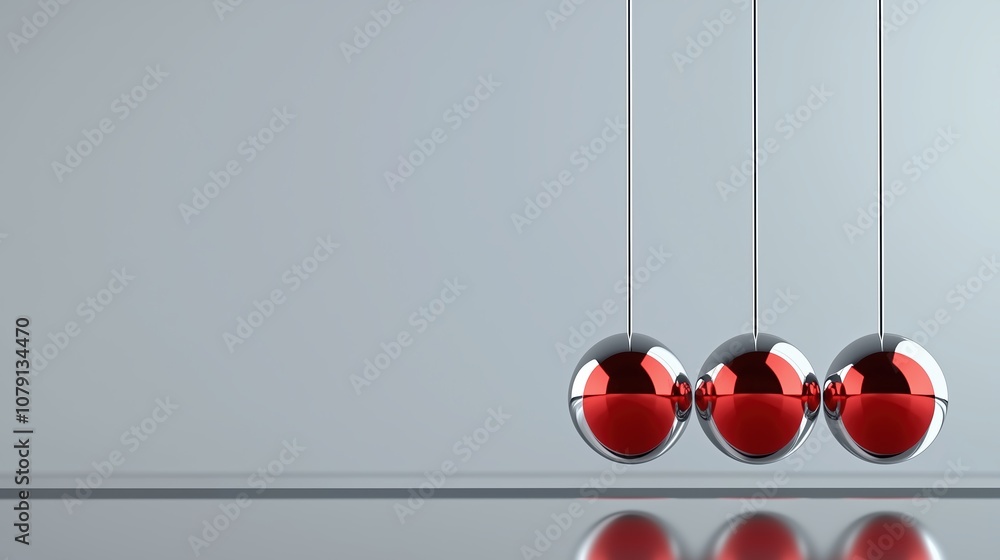 Three red balls hanging from a string, with a grey background. The balls are suspended in mid-air, creating a sense of motion and balance. The image conveys a feeling of harmony and stability Three red balls hanging from a string, with a grey background. The balls are suspended in mid-air, creating a sense of motion and balance. The image conveys a feeling of harmony and stability