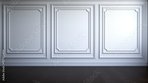 The wall is made of white frames and is empty. The frames are white and are evenly spaced. The wall is bare and the frames are the only decoration