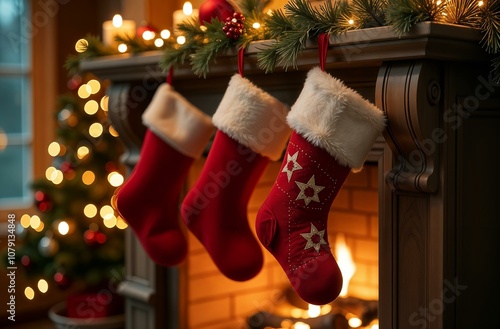 Red Christmas socks Santa Claus hanging on the fireplace. New Year's home decor. Christmas decorations on the fireplace. Christmas socks with gifts inside.