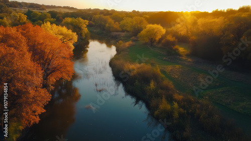 Krajobraz rzeki otoczonej jesiennymi drzewami w bogatych, ciepłych barwach, które odbijają się w wodzie. photo