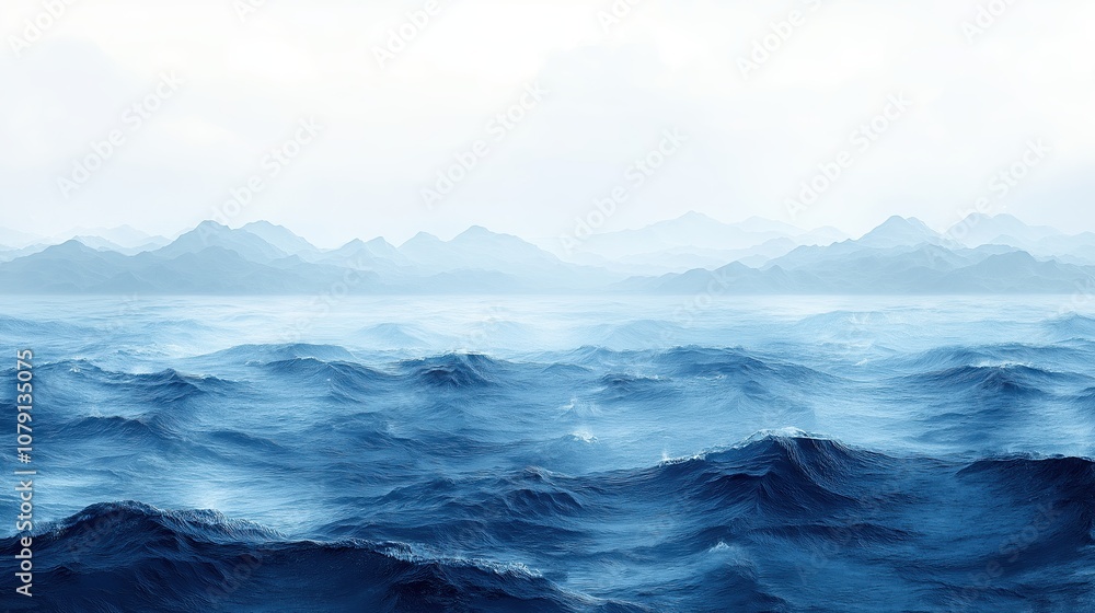 The ocean is calm and blue, with mountains in the background. The sky is cloudy, giving the scene a peaceful and serene atmosphere The ocean is calm and blue, with mountains in the background. The sky is cloudy, giving the scene a peaceful and serene atmosphere