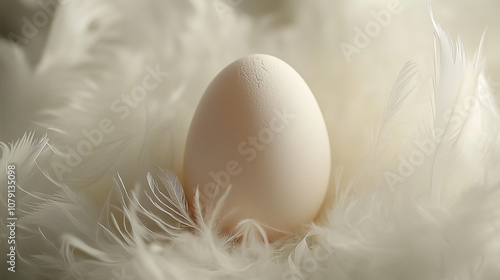 Skorupka jajka delikatnie spoczywa na puchatych piórach, które zdają się otulać ją i chronić.

