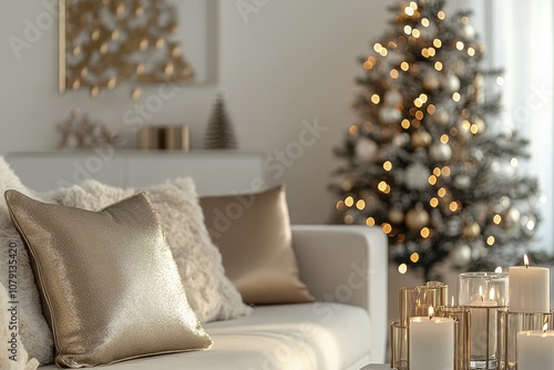 living room with luxe metallic Christmas decor, featuring a shimmering tree, metallic pillows, and elegant candle holders, minimal background with copy space photo