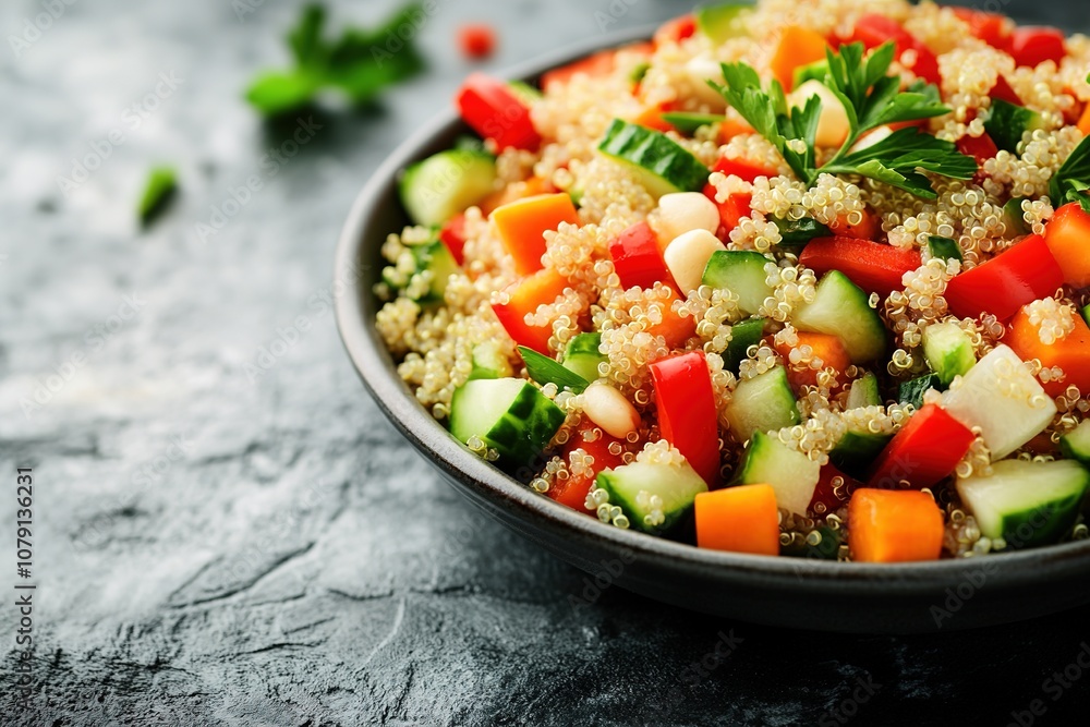 Fresh quinoa salad with colorful veggies on dark background. Fresh quinoa salad with colorful veggies on dark background.
