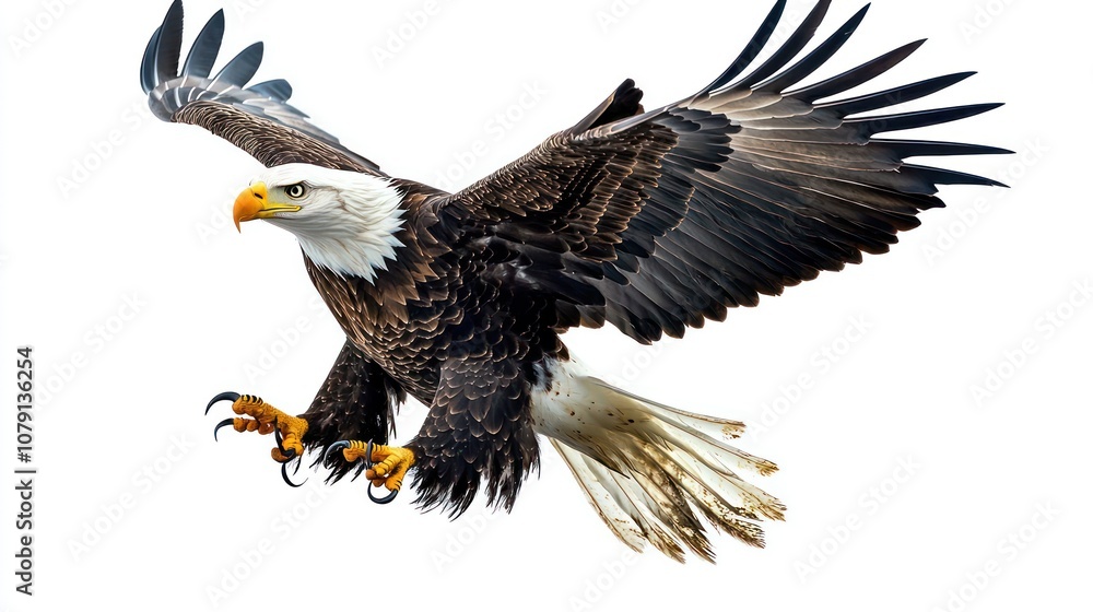 Profile view a bald eagle in mid-flight, sharp talons visible Profile view a bald eagle in mid-flight, sharp talons visible