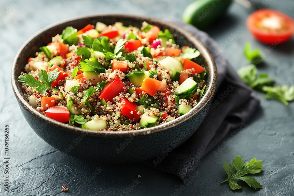 Fresh quinoa salad in bowl with vegetables Fresh quinoa salad in bowl with vegetables
