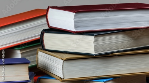 Stack of books with the top one being red. The books are of different colors and sizes