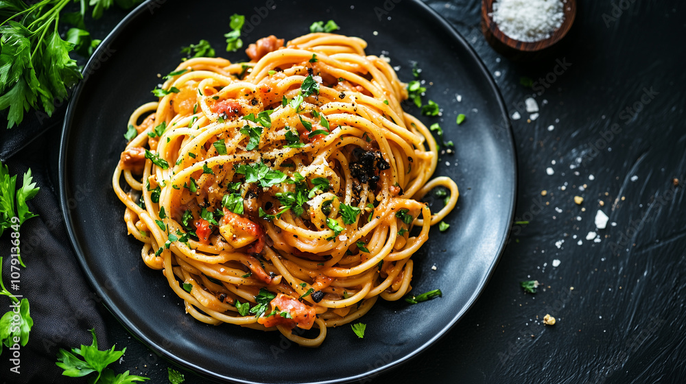 Fototapeta premium Tradycyjną włoska pasta z guanciale, która zachwyca autentycznością i głębią smaku.