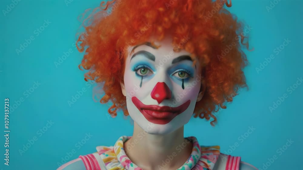 A clown with bright orange curly hair, painted white face with red and blue makeup, green eyes, and a playful expression, wearing a ruffled collar against a blue background. A clown with bright orange curly hair, painted white face with red and blue makeup, green eyes, and a playful expression, wearing a ruffled collar against a blue background.