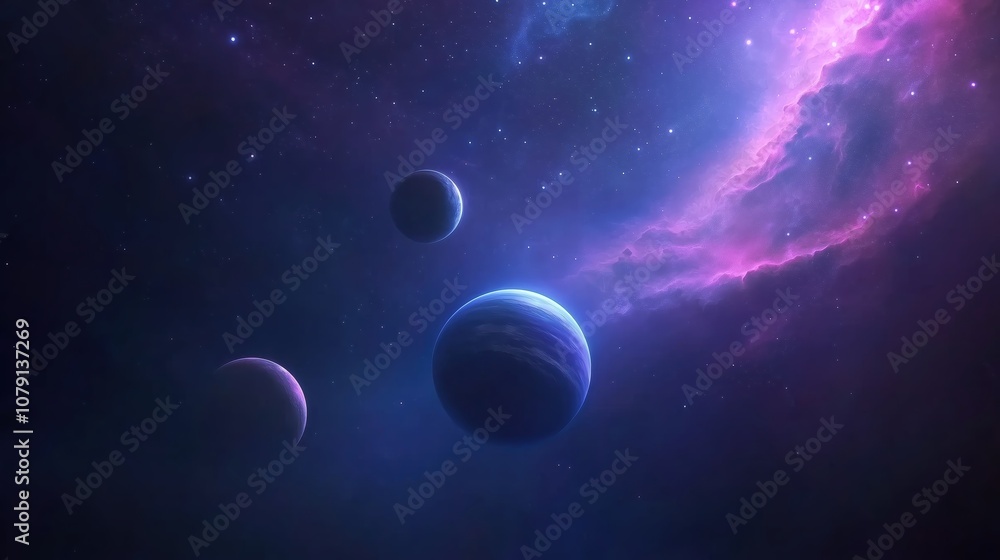 Obraz premium Serene and tranquil space scene with three planets and a purple cloud floating in the sky. The planets are of varying sizes and are positioned at different distances from each other
